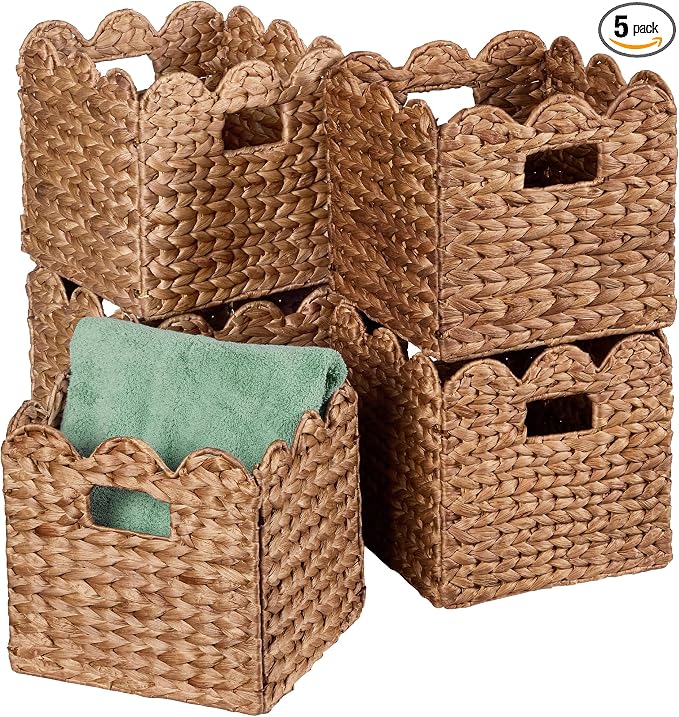 Best Choice Products 10.5x10.5in Scalloped Hyacinth Baskets, Set Of 5 Multipurpose Collapsible Storage Organizer, Handwoven Laundry Totes for Bedroom, Living Room, Shelves – Chestnut by Unknown