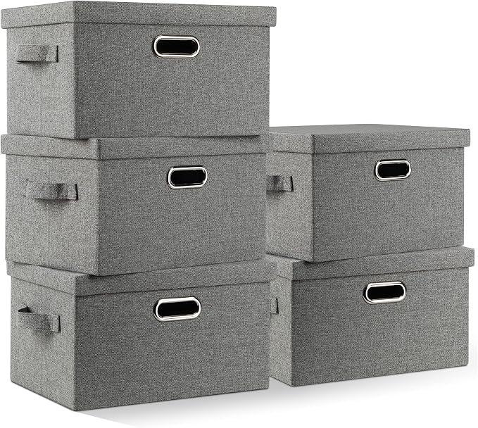 Graciadeco Medium 15" 21 Quart Collapsible Stackable Storage Bins with Lids, 5 Packs Grey Foldable Fabric Closet Boxes Heavy-duty Linen Cube Baskets Container for Bedroom Office (15 x 11 x 8) | 21 Quart 5 Pack Gray1 Collapsible Stackable Linen Fabric 4... by GraciadecoStorage