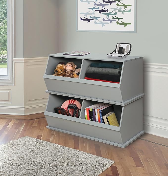 Badger Basket Two Bin Stackable Toy Storage Cubby Organizer – Modular Storage for Toys, Books, and Crafts – Solid Wood Panel – Gray - Image 6