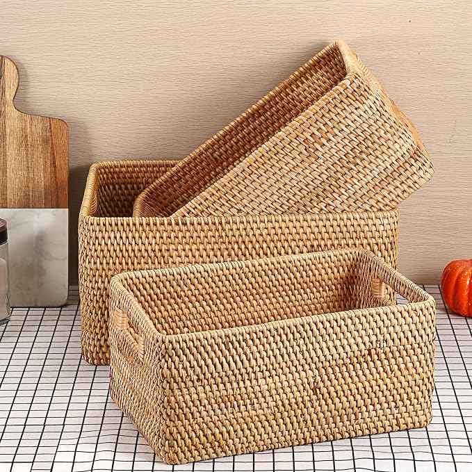 Hipiwe Woven Rattan Basket Natural Wicker Storage Basket Box with Handles | Rectangular Open Storage Bin for Shelf Bathroom Living Room Kitchen, 13" x 8.7" x 5.9" - Image 7