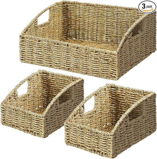 Pantry Baskets Organization, Wicker Storage Basket Green | Handwoven Pantry Organizers and Storage with Built-in Handles, Laundryroom Organization Storage Bins for Snack Cans by Ollieroo