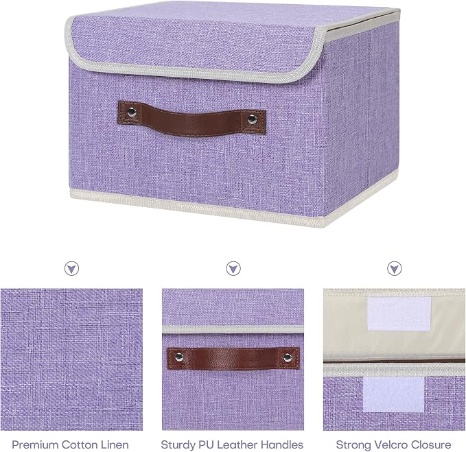 ANMINY Fabric Storage Box Bins with Lids, Purple, 10"x8"x7", 4 Pack | Keepsake Memory Storage, Cotton Linen, PP Board Reinforced, Washable, PU Handles, Foldable & Stackable, Decorative, Small - Image 3