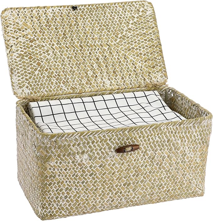 Hipiwe Set of 3 Wicker Storage Basket Bin with Lid Large Woven Seagrass Box | Handmade Shelf Basket Bins Rectangular Nesting Household Organizer Boxes for Shelf Closet Wardrobe Organizer, Whitewash - Image 3