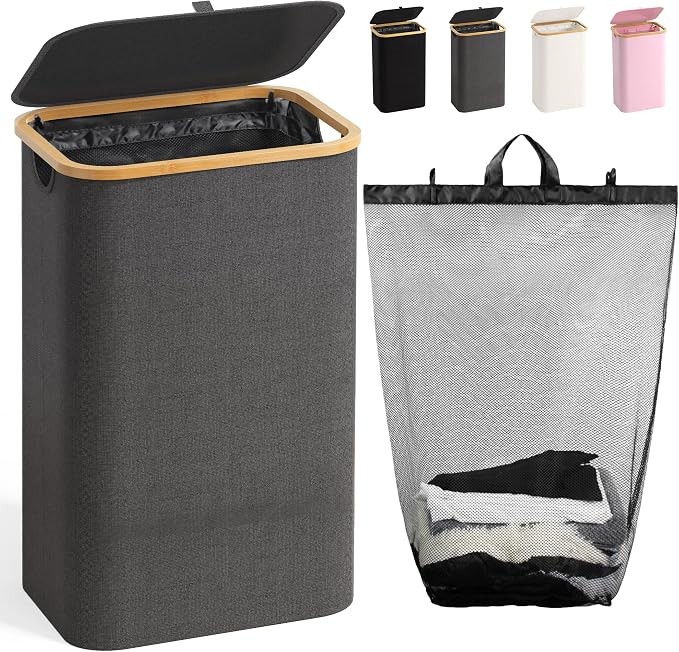 Laundry Hamper with Lid, Laundry Basket with Removable Bag, Grey | 100L Large Dirty Clothes Hamper with Handle, Freestanding Bamboo Laundry Hamper for Bedroom, Bathroom, Laundry Room by Bathola