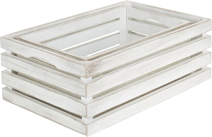 MyGift 16 and 14 Inch Shabby White Washed Solid Wood Nesting Decorative Storage Crates, Vintage Farmhouse Wooden Stackable Open Top Bin Boxes, 2 Piece Set - Image 7
