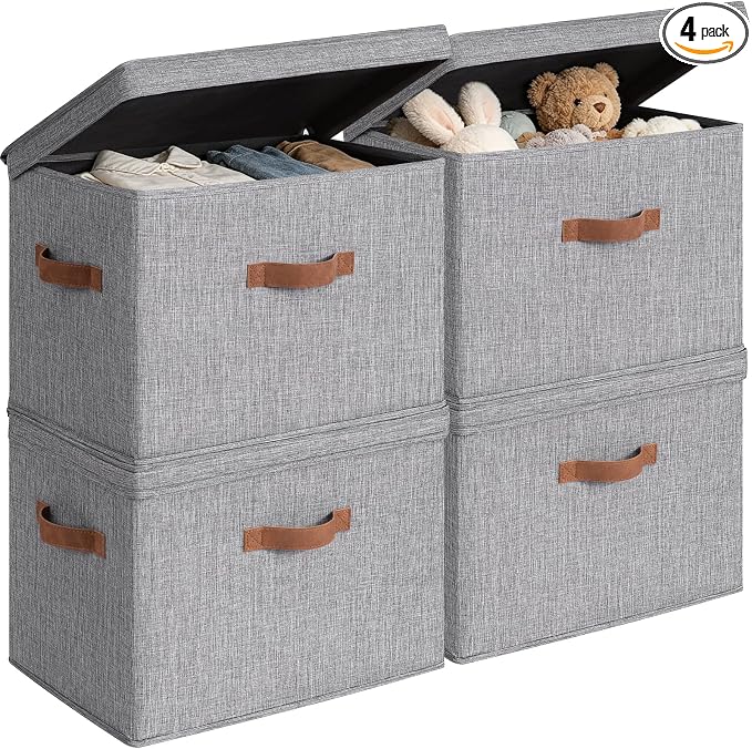 CHICVITA 4-Pack Large Fabric Storage Bins with Lids for Closet,Grey | 17.1" x 11.2" x 11.6" Storage Boxes for Shelves with Support Plate Fit Bedroom Storage Cubes with Handles for Clothes & Toys by CHICVITA