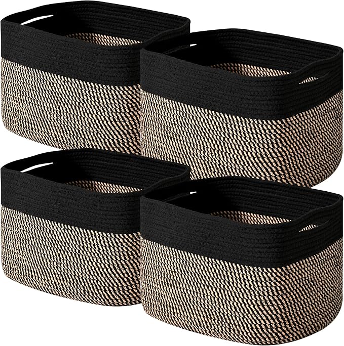 ICERZCZ Storage Baskets for Shelves Organizing, Woven Cotton Rope Baskets for Storage, Book Basket, Decorative Shelf Basket, 12.5"Lx9.1''Wx7.9''H (4 Packs) Black & Jute by ICERZCZ