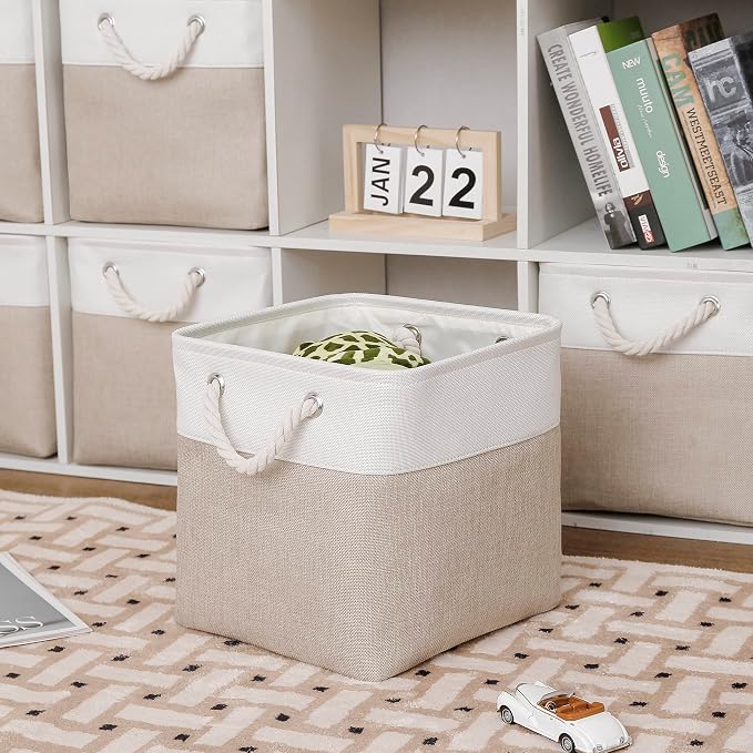 MidmmVick 11 x 11 Inch Cube Storage Bins, 6 Pack Large Collapsible Fabric Storage Bin with Ropes, Foldable Storage Cubes for Home, Office,Closet, Clothes, Toys Organizer (White & Beige-11"x11"x11") - Image 3