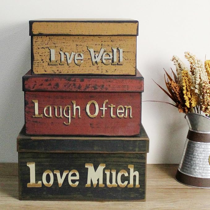 Primitive Vintage Square “Live Well, Laugh Often, Love Much” Cardboard Nesting Boxes, Large 11 X 11 X 5-1/2 Inch. Set of 3. - Image 3