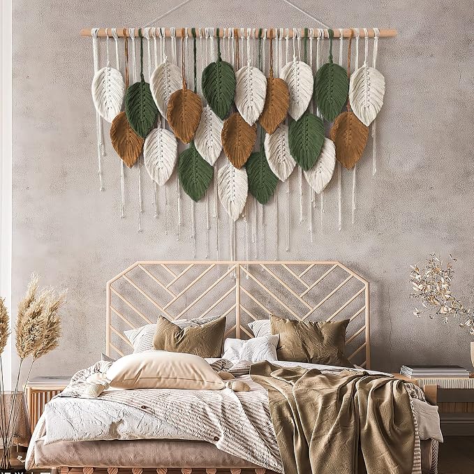 Large Macrame Wall Hanging Boho Woven Tapestry Chic Home Decor Wall Art | KHOYIME Modern Bohemian Handmade Leaf Feather Decoration for Apartment Dorm Living Room Bedroom Nursery Backdrop 39"W X29.5"L - Image 4