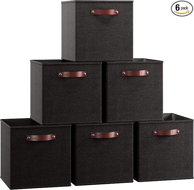 Ornavo Home 11x11 Foldable Fabric Storage Cube Bins, 6 Pack, Black | Collapsible Linen Shelf Basket Organizer; Leather Handles; Ideal Cube Storage For Closet by OrnavoHome