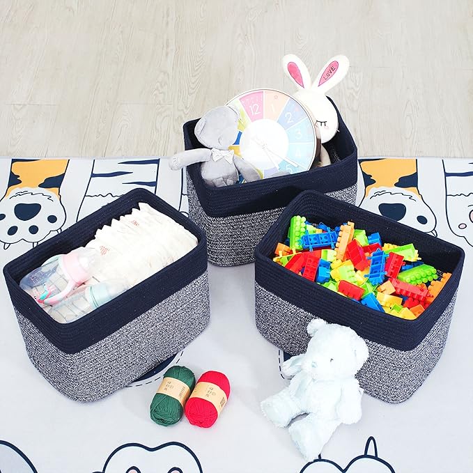 3-Pack Storage Baskets for Shelves, Playroom and Classroom, Book Basket, Decorative Storage Cube Bins, Woven Closet Organizers, Pantry and Shoe Organizer, Navy Blue - Image 5