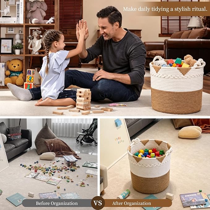 Boho Cotton Rope Woven Storage Basket, Large Decorative Laundry Hamper with Handles- Pack of 3 for Organizing Toy Woven Cotton Rope Laundry Basket Stuffed Animal Toy Storage for Play Room Bedroom - Image 2