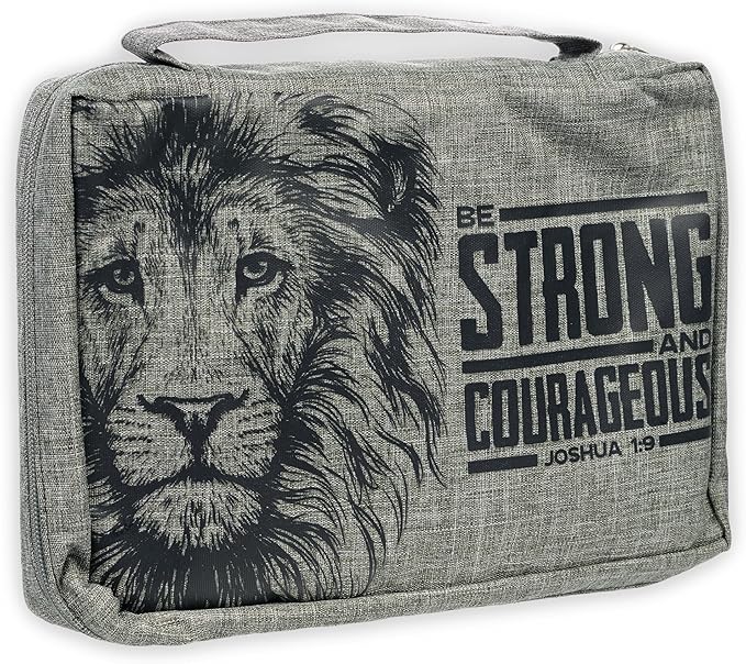 Christian Art Gifts Value Poly-Canvas Bible Cover for Men & Women: Strong & Courageous Bold Lion - Joshua 1:9 Inspirational Scripture with Pocket, Sleeves, Pen Loops, Gray, Medium by ChristianArtGifts