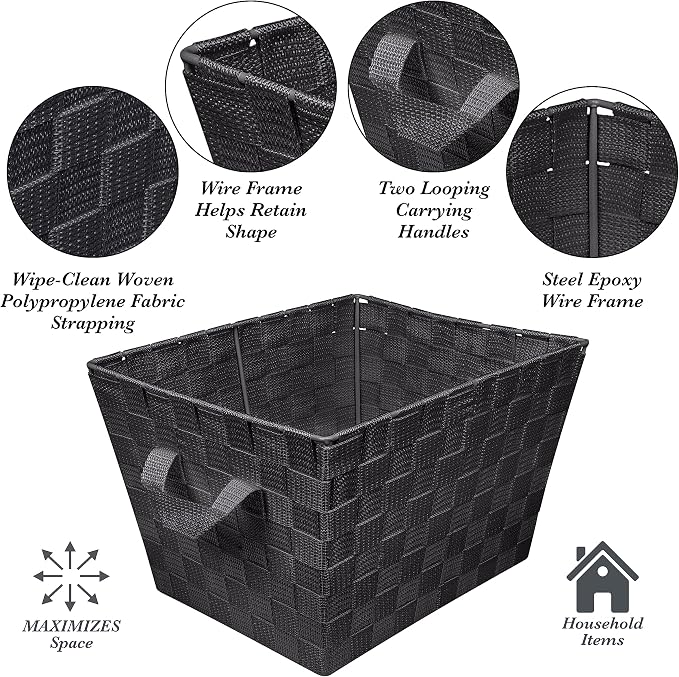 Simplify Medium Woven Strap Tote | Decorative Storage Basket | 2 Handles | Organization | Closet | Bedroom | Bathroom | Nursery | Accessories | Toys | Gifts | 4 Pack | Black - Image 2