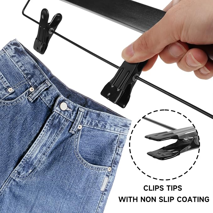 14" Wood Pants Hangers with Adjustable Non-Slip Clips, Black, 12-Pack | Solid Wood Material, Bottom Hangers with 360° Swivel Hook, Space Saving Hangers for Skirts, Slacks, Trousers, Jeans - Image 4
