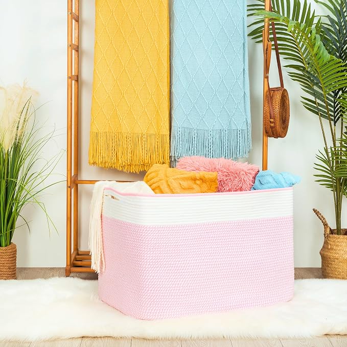 112L Extra Large Blanket Basket Holder Living Room, 25"x17"x16" Rectangle Rope Woven Storage Basket with Handles for Laundry, Towels, Shoes, Dog Toy Organizer Bin Box, Light Pink - Image 2