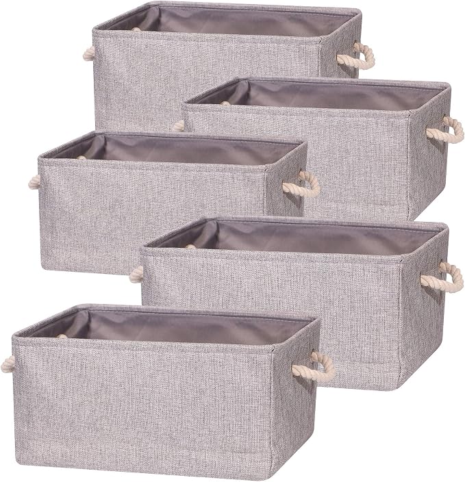 TENABORT 5 Pack Large Storage Basket Bin, Foldable Storage Cube Box Canvas Fabric Collapsible Organizer with Handles for Closet Home Office Clothes Shelf, Grey by TENABORT