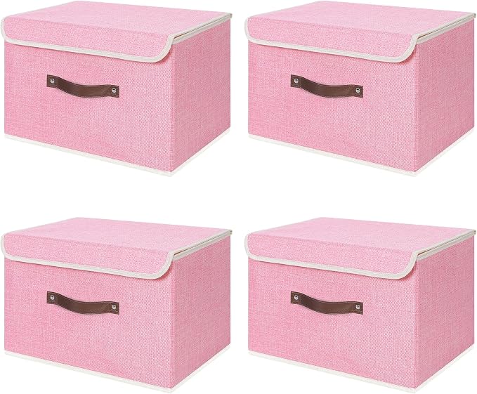 ANMINY Fabric Storage Box Bins with Lids, Pink, 13"x9"x7.9", 4 Pack | Keepsake Memory Storage, Cotton Linen, PP Board Reinforced, Washable, PU Handles, Foldable & Stackable, Decorative, Medium by ANMINY