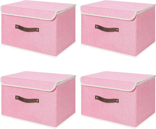 ANMINY Fabric Storage Box Bins with Lids, Pink, 13"x9"x7.9", 4 Pack | Keepsake Memory Storage, Cotton Linen, PP Board Reinforced, Washable, PU Handles, Foldable & Stackable, Decorative, Medium by ANMINY