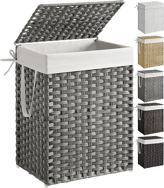 SONGMICS Laundry Hamper with Lid, 23.8 Gallon (90 L) Synthetic Rattan Clothes Laundry Basket with Lid and Handles, Foldable, Removable Liner, Dove Gray ULCB51WG by Unknown