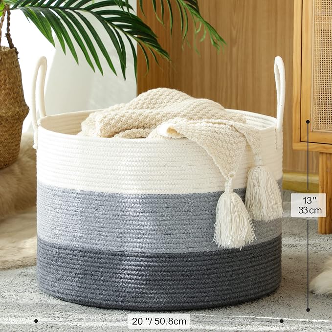 KAKAMAY Large Blanket Basket (20"x13"),Woven Baskets for storage Baby Laundry Hamper,Cotton Rope Blanket Basket for Living Room, Laundry, Nursery, Pillows, Baby Toy chest with Handles (White/Grey) | Extra Large Capacity | Natural Cotton Rope | Blanket ... - Image 7