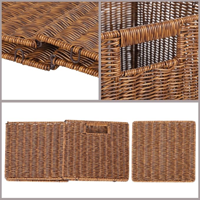 11X11X11in Brown Plastic Wicker Storage Basket, Foldable Cube Woven Storage Basket for Shelves, 11x11 Cube Storage Bins Set of 3, Wicker Storage Baskets for Laundry Nursery Room - Image 4