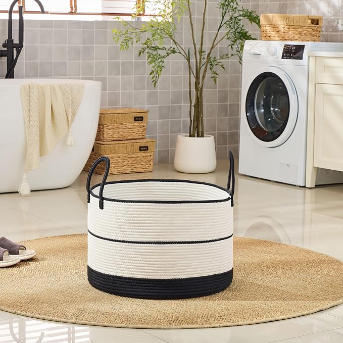 KAKAMAY Large Blanket Basket with Handles, Storage Basket for Living Room | Extra Large Capacity | Natural Cotton Rope | Blanket Storage | Woven Storage Basket | Stuffed Animal Storage | Laundry Basket - Image 6