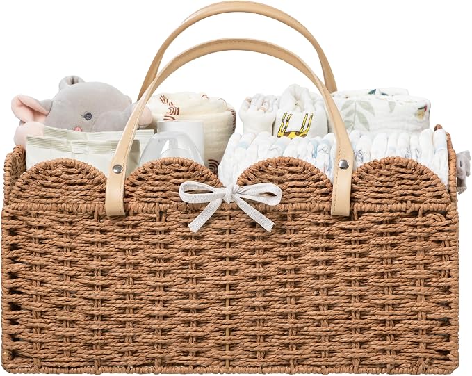 HBlife Large Baby Diaper Caddy, Paper Rope Storage Baskets Nursery Bin with Removable Divider, Portable Car Organizer for Diapers, Baby Shower Gifts, Newborn Essentials Must Haves by HBlife