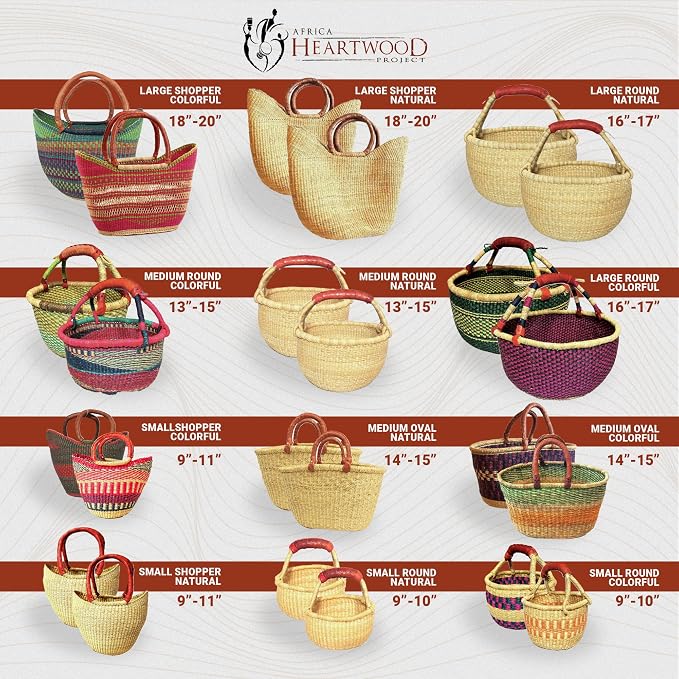 Africa Heartwood Project - Deluxe Colorful African Basket with Leather Handle - Handmade from dried Elephant Grass, Hand-Woven by Women in Bolgatanga, Ghana - Medium 14" Round Flat-packed - Image 8