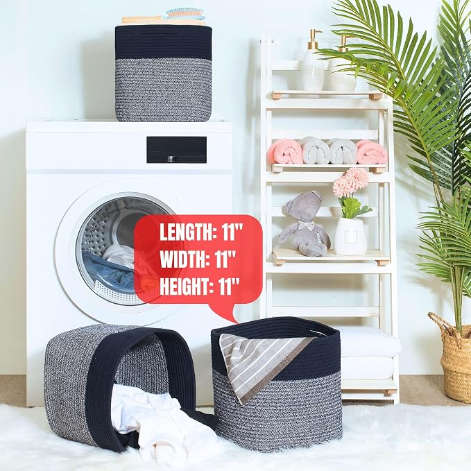 3-Pack 11x11in Woven Cube Storage Bin and Shelf Baskets, Cute Decorative Square Organizer for Closet, Classroom, Bathroom, Dog and Cat Toys, and Books, Navy Blue - Image 7