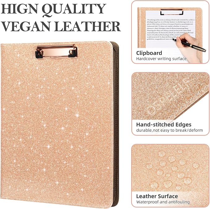 Ospelelf Clipboard with Storage, 3 Ring Binder with Zipper, Leather Padfolio Portfolio Folder, Calculator, 12.1” Tablet Sleeve, 5 Dividers with Pocket|Refillable Notepad, Card Slot (Rose Gold) - Image 5