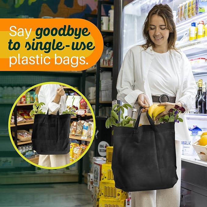 Simply Cool 50 Pack Reusable Grocery Bags, Large Tote Bags Bulk, Black | 14.5"x14"x6.6" Heavy Duty Non-woven Custom Shopping Bags with Handles, Foldable, Washable for Groceries and Commercial use - Image 2