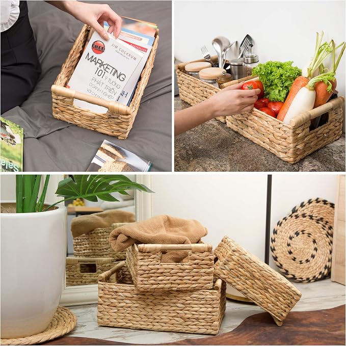 VATIMA Hyacinth Wicker Basket Set 3 size - Rectangular, Wooden Handles, Shelf Organizer, Natural Bins - Image 8