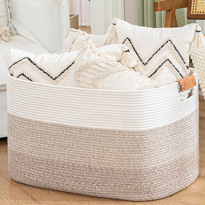 108L Large Blanket Basket for Living Room, Woven Storage Basket with Leather Handles, Cotton Rope Storage Organization in Nursery for Toys & Clothes 25 ''* 16 ''*16 '', Gradient Brown by danpinera