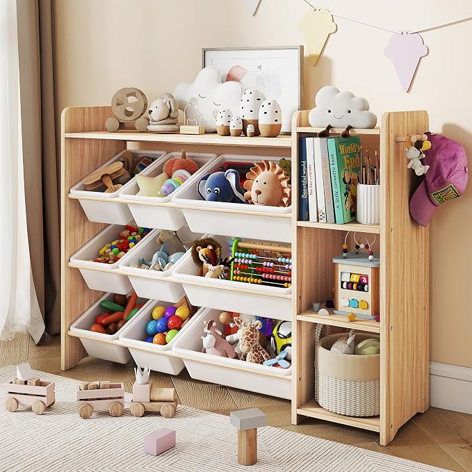 GITAWUSA Kids Toy Storage Organizer, Wooden Shelf with 3 Tiers and 9 Storage Bins, Nursery Room Organizer for Books and Toys, White and Natural Wood by GITAWUSA