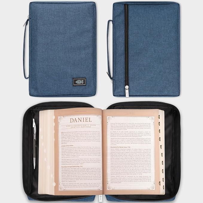 Christian Art Gifts Men/Women's Bible Cover Jesus Fish, Blue Canvas, Small - Image 6