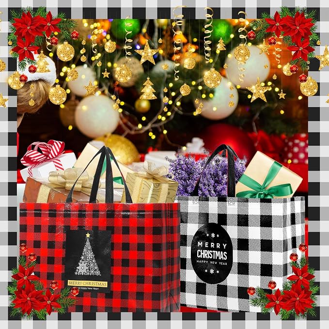 Colarr 18 Pcs Extra Large Christmas Tote Bags with Handle Christmas Gift Bag Non Woven Red Black Buffalo Plaid Waterproof Reusable Bag for Winter Xmas Holiday Wedding Party Supplies, 16.5''x 13 "x 7'' - Image 2