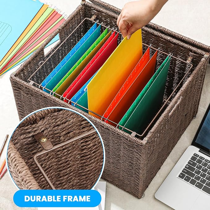 Cinnvoice Extra Large Decorative File Box 18 x 16 x 13 in Wicker Seagrass File Basket Organizer for Letter Legal Size Hand Woven Hanging Filing Cabinet with Lid for Office Paper Rope, Dark Brown - Image 3