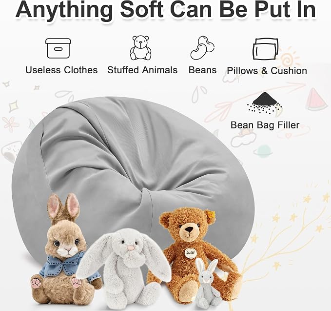 Cooling Bean Bag Cover for Hot Summer (No Filler), Giant Bean Bag Chairs for Stuffed Animals Storage, Large Bean Bag Chair Covers for Adults, Bean Bag Couch Sofa for Toddler/Kids (Grey,4FT) - Image 5