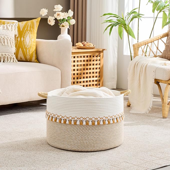 KAKAMAY Large Blanket Basket with Handles, Storage Basket for Living Room | Extra Large Capacity | Natural Cotton Rope | Blanket Storage | Woven Storage Basket | Stuffed Animal Storage | Laundry Basket - Image 2