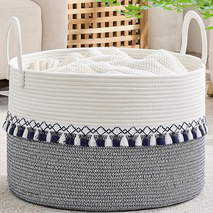 KAKAMAY Large Blanket Basket with Handles, Storage Basket for Living Room | Extra Large Capacity | Natural Cotton Rope | Blanket Storage | Woven Storage Basket | Stuffed Animal Storage | Laundry Basket by KAKAMAY