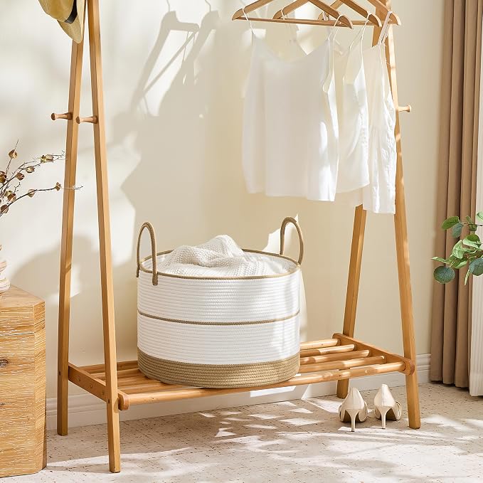 KAKAMAY Large Blanket Basket with Handles, Storage Basket for Living Room | Extra Large Capacity | Natural Cotton Rope | Blanket Storage | Woven Storage Basket | Stuffed Animal Storage | Laundry Basket - Image 4