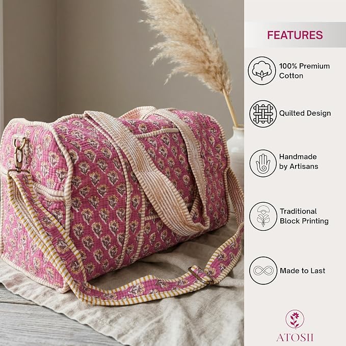 ATOSII Large Duffle Bag, Handblock Print 100% Quilted Cotton for Overnight Trip, Travel Weekender, Luggage, 2 Pockets with Zipper, 1 Front Pocket, Detachable Long Strap, 20 X 10 X 12 Inches, Berry - Image 4