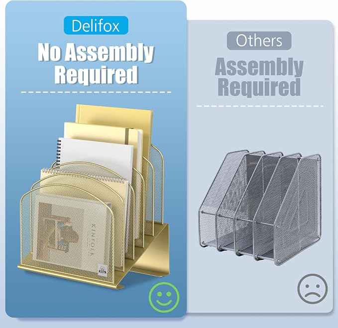 Delifox Inclined Desk File Organizer,Vertical File Folder Holder Stand Metal Rack File Sorter for Office Classroom Desktop Organization (2, Gold, 5) - Image 4