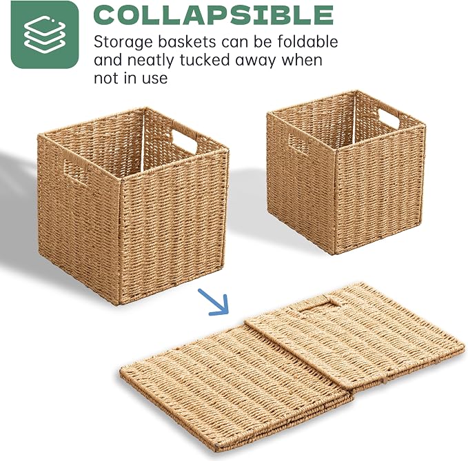 13x13x13 Storage Cube Bins Set of 4, Paper Rope Hand Woven Storage Basket with Handles, Collapsible Square Storage Cubes for Shelves, Wicker Shelf Baskets for Living Room Bedroom Organizing, Natural - Image 4