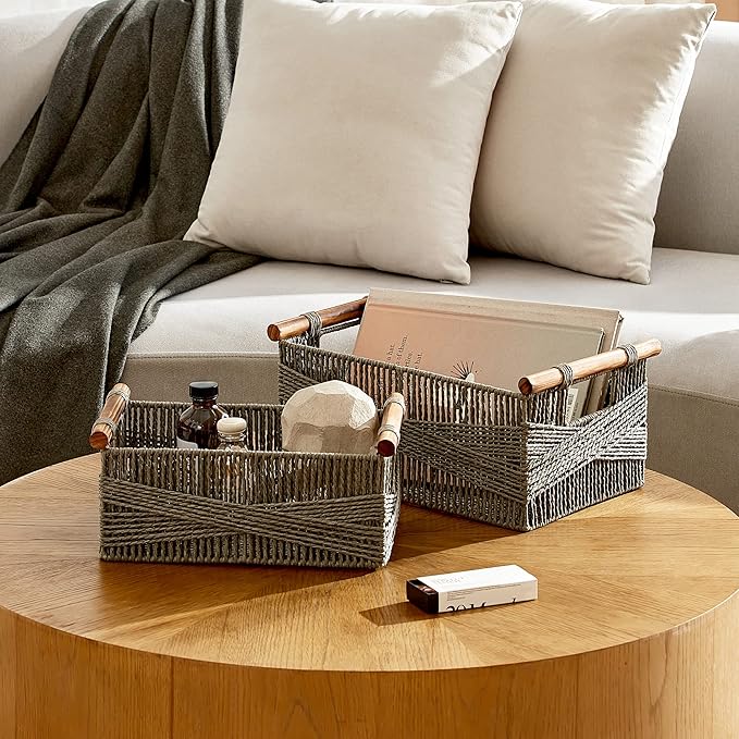 LA JOLIE MUSE Wicker Storage Baskets for Organizing, Recyclable Paper Rope Basket with Wood Handles, Decorative Hand Woven Basket Organizers for Makeup Books Shelves Living Room, Grey, Set of 2 - Image 2