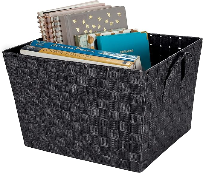 Simplify Large Woven Strap Tote | Decorative Storage Basket | 2 Handles | Organization | Closet | Bedroom | Bathroom | Nursery | Accessories | Toys | Gifts | 2 Pack | Black - Image 7