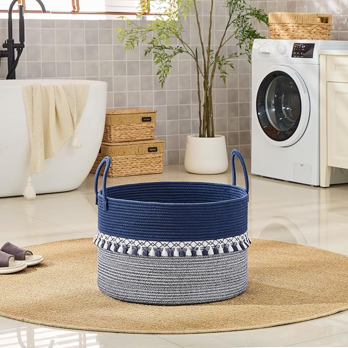 KAKAMAY Large Blanket Basket with Handles, Storage Basket for Living Room | Extra Large Capacity | Natural Cotton Rope | Blanket Storage | Woven Storage Basket | Stuffed Animal Storage | Laundry Basket - Image 6