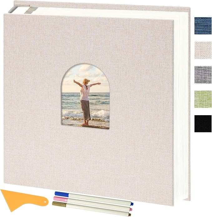 Vienrose Self Adhesive Photo Album Arch Window Scrapbook 120 Pages Beige | Linen Cover, 12.6x12.99 Inch, Memory Book, Blank Inner Page, Three Metallic Pens by Vienrose